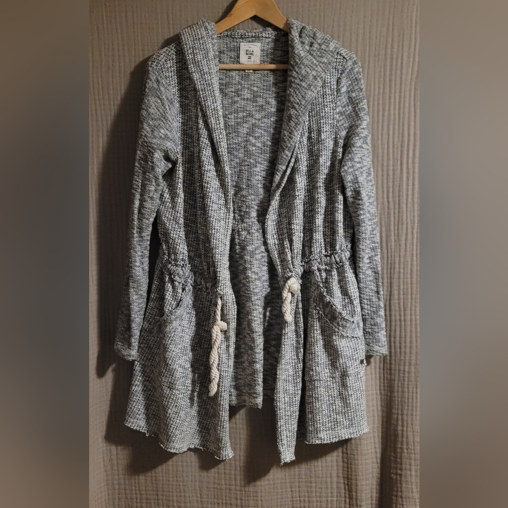 Billabong Heather Grey Open Front Long Sleeve Hooded Cardigan Size Medium